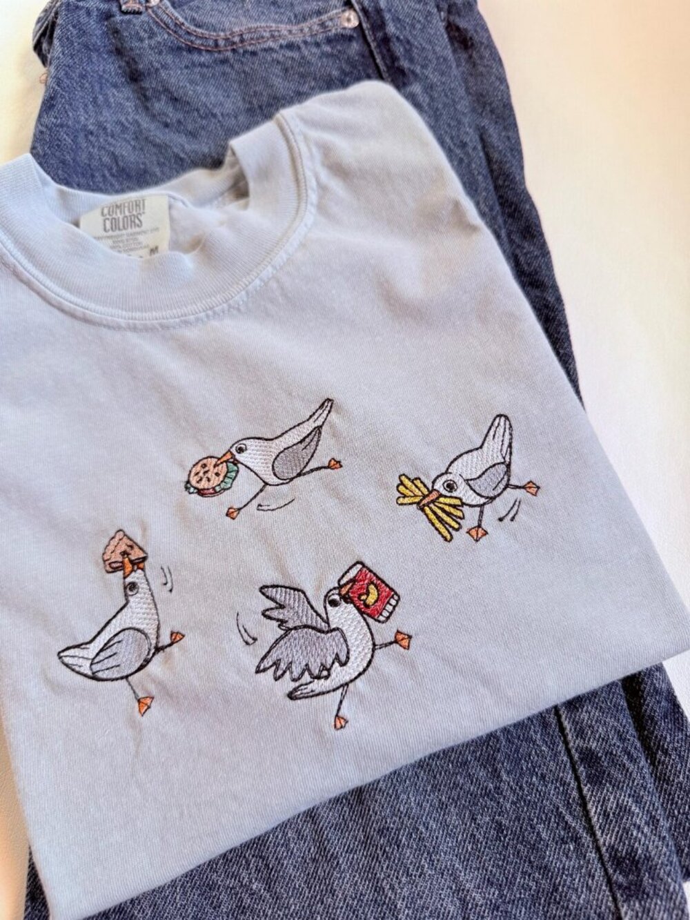 White T-Shirt Comfort Colors Silly Seagull Embroidered T-Shirt - Picture 2 of 5